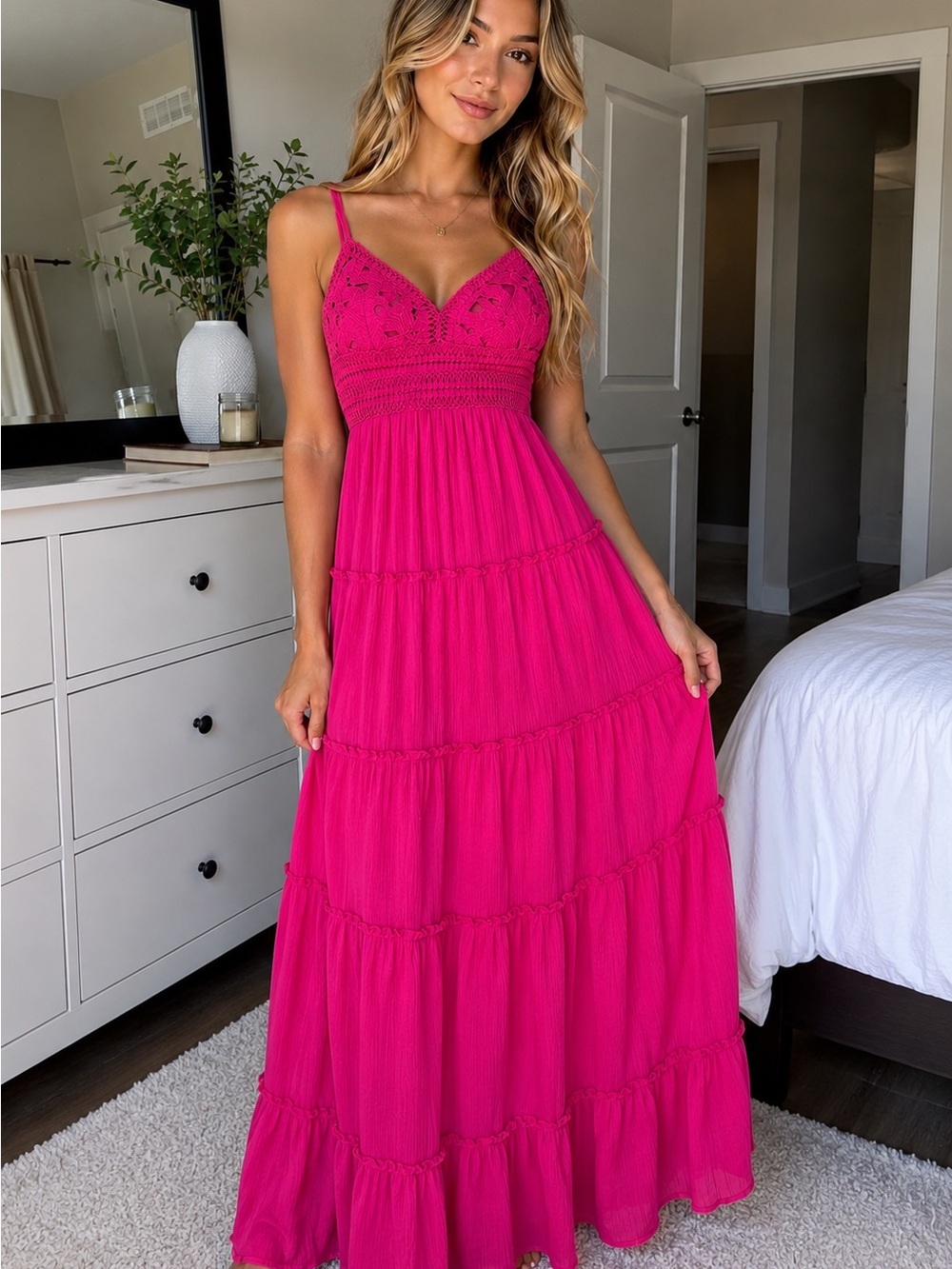 Love Tree Fuchsia Crochet Tiered Maxi Dress
